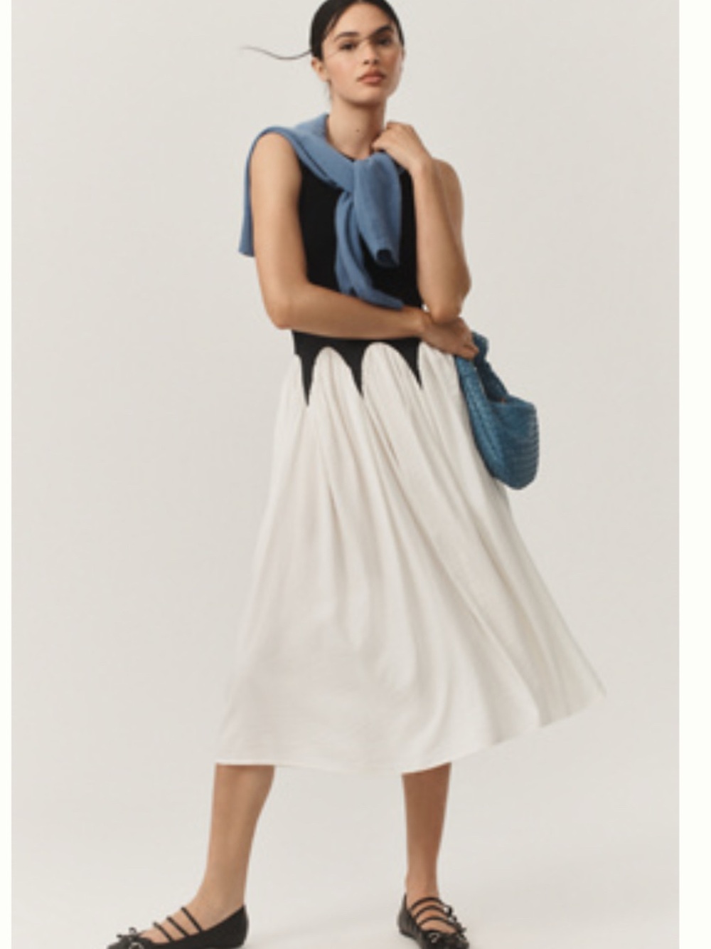SiemprexAnthropologie Black & White Midi Dress with Scalloped Waist